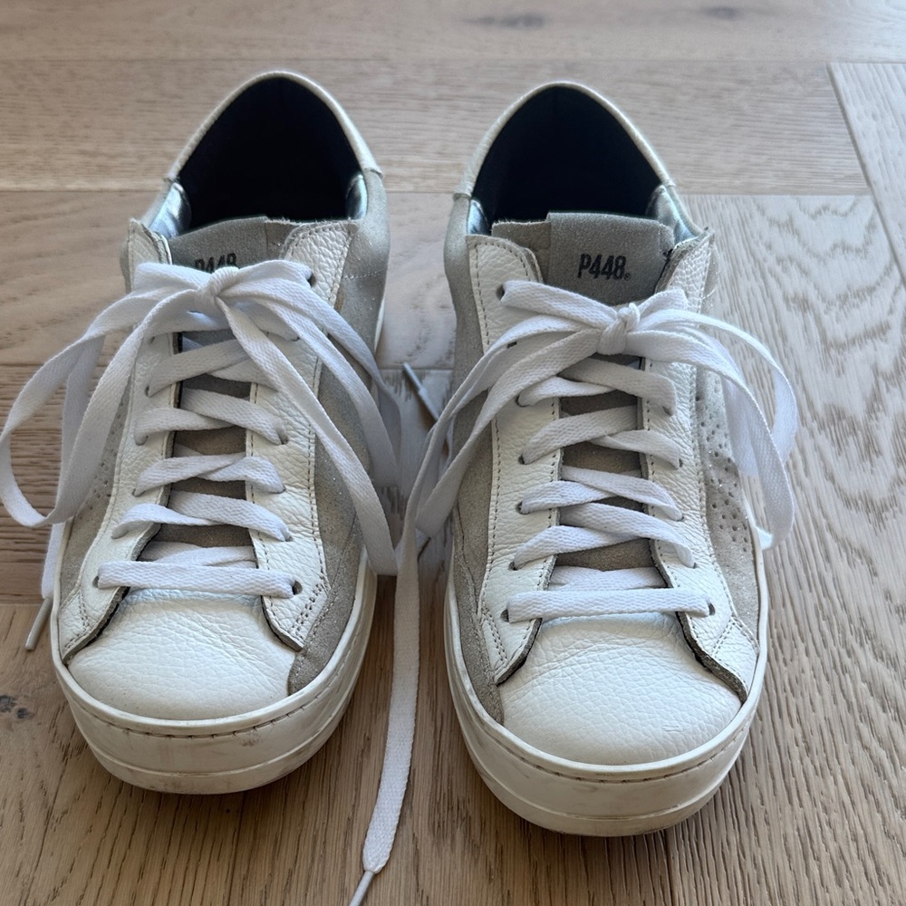 P448 White Leather Low-Top Sneakers with Sparkle Cream Suede Panels
